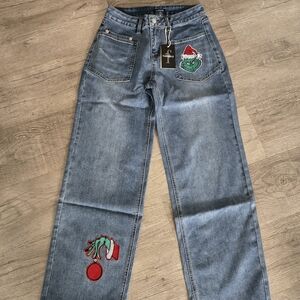 Grinch Embroidered Blue Women’s Jeans